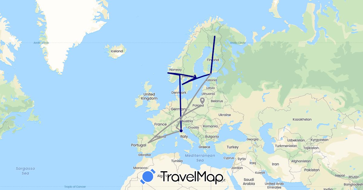 TravelMap itinerary: driving, plane in Spain, Finland, Italy, Norway, Poland, Sweden (Europe)