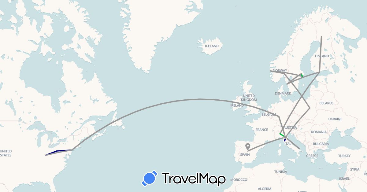 TravelMap itinerary: driving, bus, plane in Germany, Spain, Finland, Italy, Norway, Poland, Sweden, United States (Europe, North America)